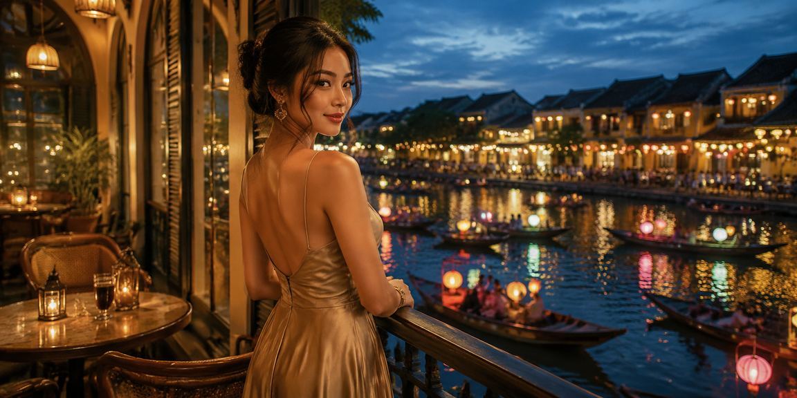 Người dùng Việt Nam trải nghiệm jackpot trên điện thoại tại quán cà phê phố cổ Hội An buổi tối